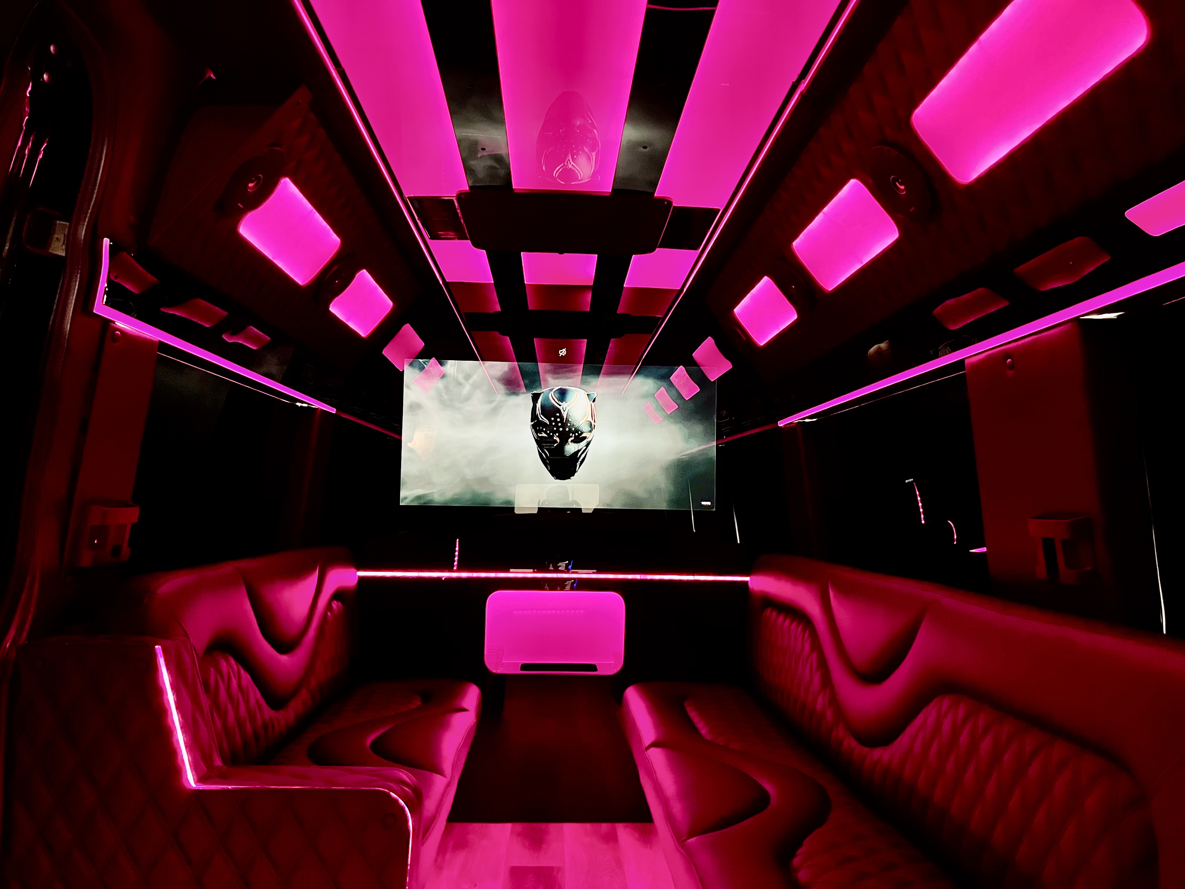 Luxury party bus interior with LED lighting